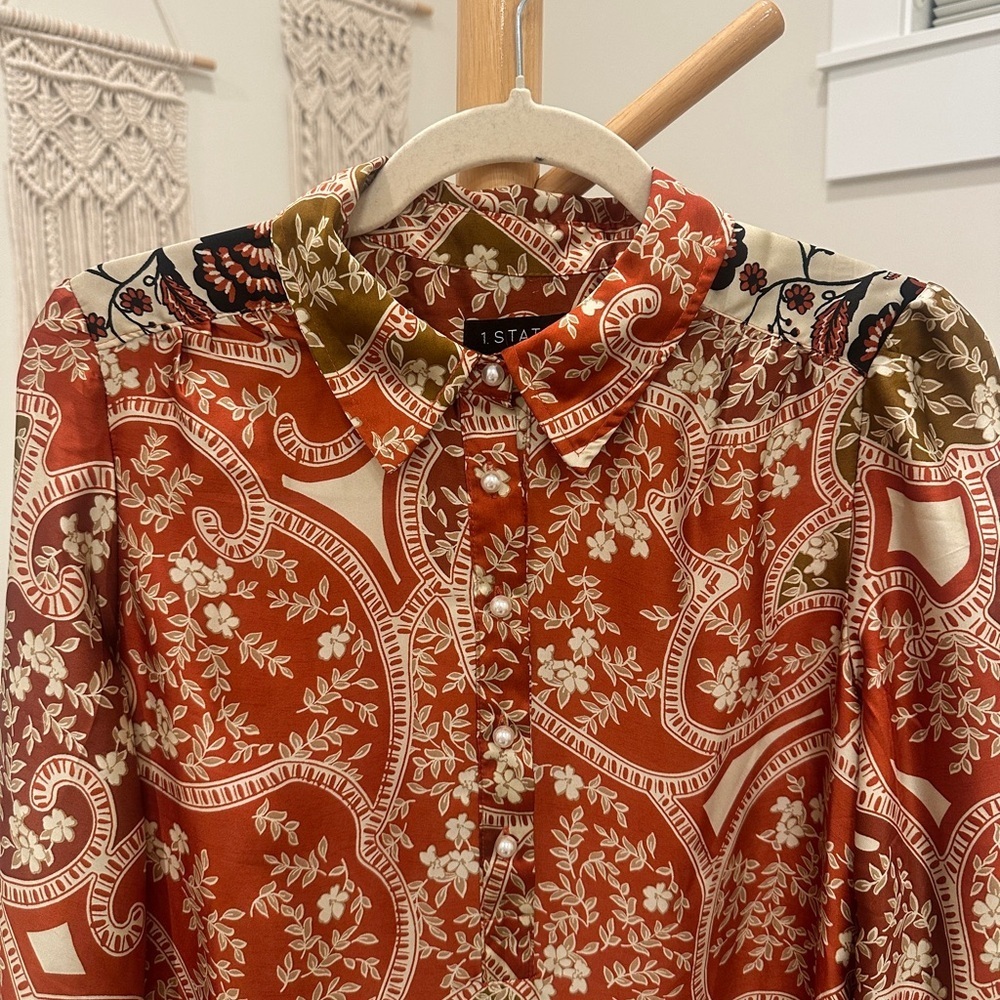 1.STATE Rust Floral Paisley Button Front Shift Dress M Pockets - Picture 3 of 7